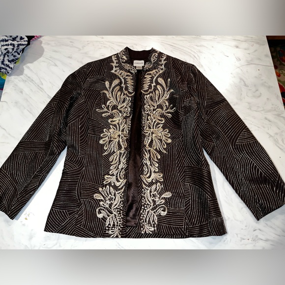 Chico's Jackets & Blazers - Chicos brown gold embroidered open front jacket coat blazer 0